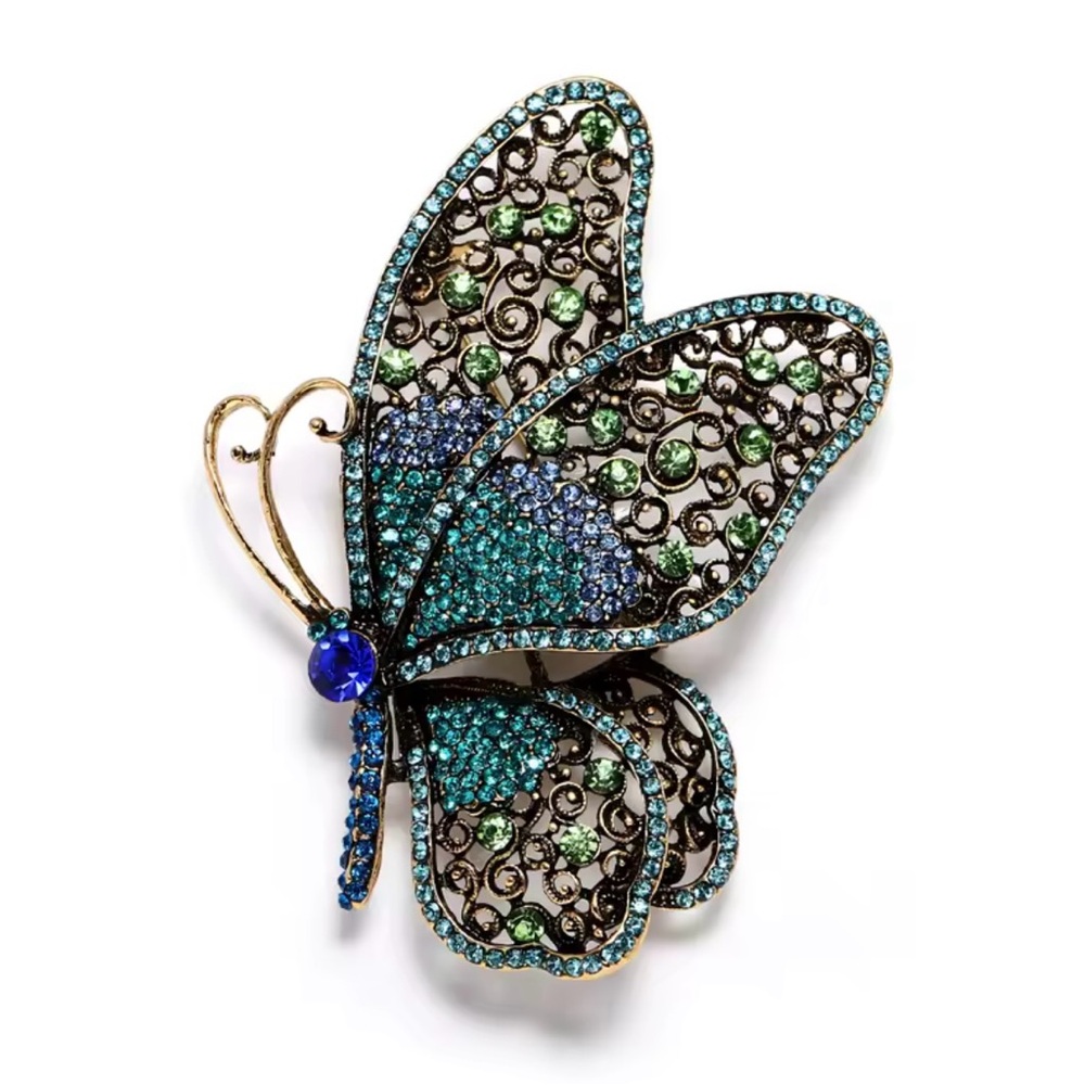 Elegant Butterfly Brooch with Blue and Green Crystals